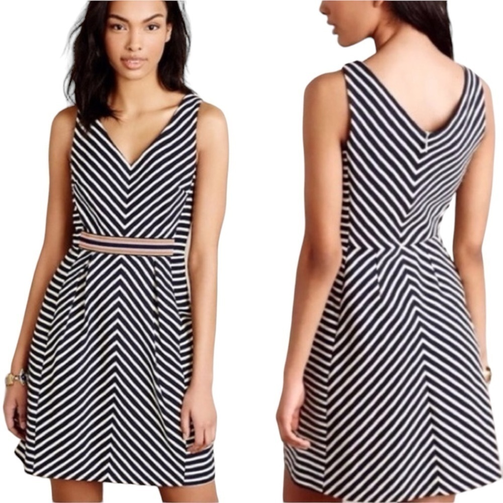 Maeve Anthropologie Mitered Navy and White Fit & Flare Embroidered Dress